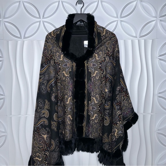 GORSKI NWT Fur Cashmere Paisley Black Reversible Cape - Picture 3 of 11